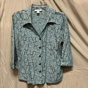Dressbarn Teal and Brown Circle Pattern Blouse